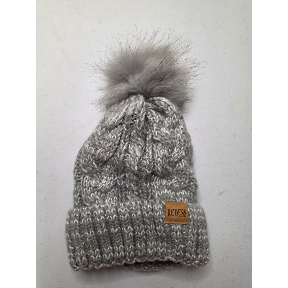 REDESS Grey Cable Knit Beanie Faux Fur Pom Fleece Lined Winter Slouchy Hat